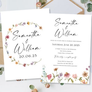 Gedruckte moderne einfache Hochzeit lädt Einladungen Karten Tag Abendparty-Empfang Wildblumen gepresste Wiesenblumen botanische Blumen ein