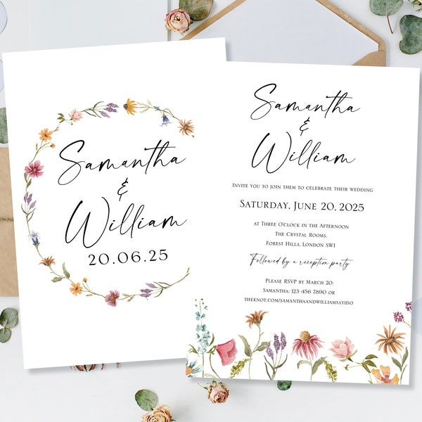 Printed Modern Simple Wedding Invites Invitations Cards Day Evening Party Reception Wildflowers Pressed Meadow Flowers Botanical Floral