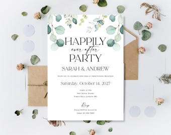 Printed Happily Ever After Party Wedding Invitations Invites Eucalyptus Green Reception Evening Wedding Personalised Boho Invitation Invite