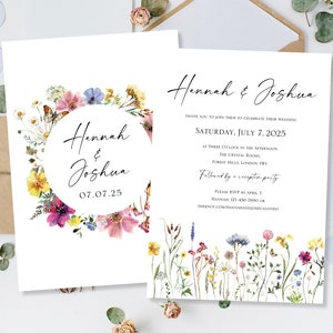 Printed Wedding Day Evening Party Reception Invitations Invites Cards Modern Floral Wreath Meadow Flowers Wildflowers Boho Flat Folded image 10