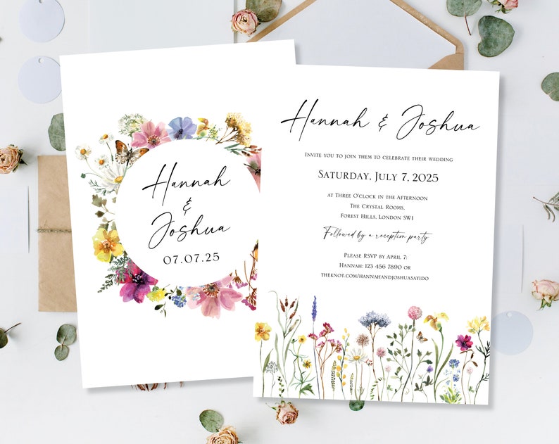Printed Wedding Day Evening Party Reception Invitations Invites Cards Modern Floral Wreath Meadow Flowers Wildflowers Boho Flat Folded image 10