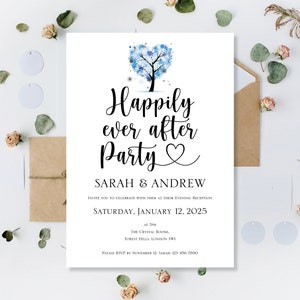 Impreso azul invierno feliz para siempre invitaciones de boda fiesta invitar a recepción boda de noche personalizada amor corazón árbol invitación