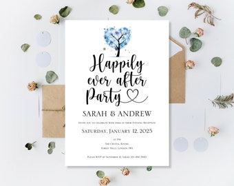 Printed Blue Winter Happily Ever After Party Wedding Invitations Invite Reception Evening Wedding Personalised Love Heart Tree Invitation
