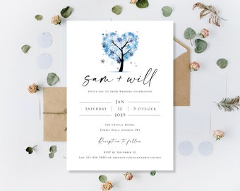 Printed Personalised Blue Winter Wedding Invitations Invites Day Guests Evening Reception Only Party Love Heart Tree Snow Invitation Invite
