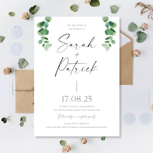 Gedruckte personalisierte Eukalyptus-Hochzeits-Einladungen laden ein Tages- oder Abend-Empfangs-Party nur Blumen-Sage-Grün-rustikale Schnurkarten einladen