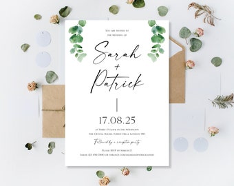 Printed Personalised Eucalyptus Wedding Invitations Invites Invite Day Or Evening Reception Party Only Floral Sage Green Rustic Twine Cards