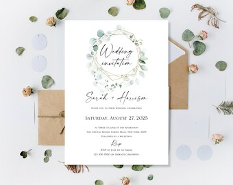 Printed Eucalyptus Wedding Day Invitations, Wedding Invitations, Day Wedding Invites, Gold Green Wedding Invite, Evening Reception invites