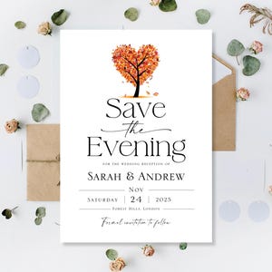 Gedrukte herfst, herfst, kaarten voor de avond, kaarten voor de datum, bruiloft, dag en nacht, receptie, save our date, minimalistische liefdeshartboom