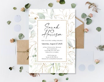 Printed Simple Clean Stylish Sage Green Wedding Invitations, Rustic Botanical Theme Invites, Gold Border Wedding Invites, Wedding Invitation