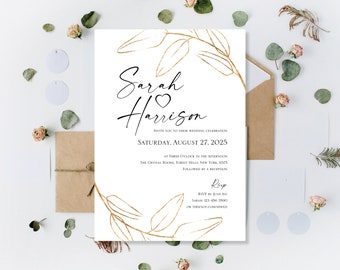 Printed Gold Wedding Invitations, Green Eucalyptus Wedding Invites, Print Wedding Invites, Gold Botanical Floral Wedding Invitations Invites