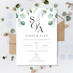 Tryckta bröllopsinbjudningar Inbjudningar dagtid dagceremoni och/eller kvällsmottagning fest eukalyptus minimalistisk