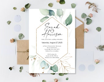 Printed Elegant Minimalist Wedding Invitations, Sage Green Wedding Invites, Gold Border Wedding Invitations, Print Me My Wedding Invitations