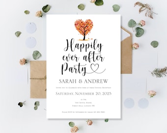Printed Autumn Fall Happily Ever After Party Wedding Invitations Invite Reception Evening Wedding Personalised Fall Love Heart Tree Invites