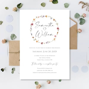 Gedruckt Hochzeitstag Abend Party Empfang Einladungen Lädt Karten Botanisch Wiese Blumen Wildblumen Kranz Modern Floral Flach Gefaltet