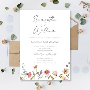 Gedruckt Hochzeit lädt Einladungen Karten Tag Abend Party Empfang Wildblumen Gepresst Wiesenblumen Floral Botanisch Modern Flach Gefaltet