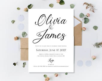 Printed Wedding Invitations: Personalised Daytime Day Invites | Evening Reception Party Invite | Classic Calligraphy Style