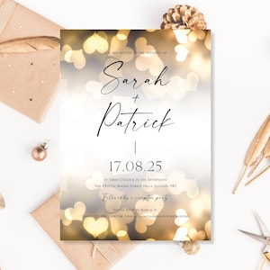 Invitaciones de boda impresas para el día de la boda o para la noche, recepción, fiesta, invitaciones de boda, diseño moderno personalizado con corazones de amor dorados