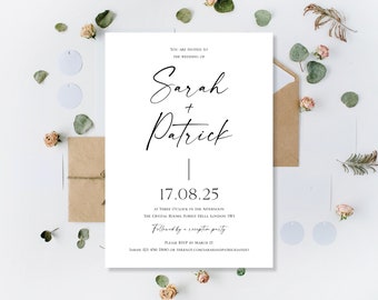 Op de afbeelding: Een witte huwelijksuitnodiging met zwarte kalligrafie voor het huwelijk van Sarah en Patrick op 17 augustus 2025. De uitnodiging bevat de tijd, de locatie en de RSVP-informatie.