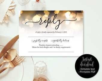 Gold Hearts Wedding RSVP Cards, Wedding Reply Attendance Acceptance Cards, RSVP Template, Printable Editable Wedding, Download RSVP Insert