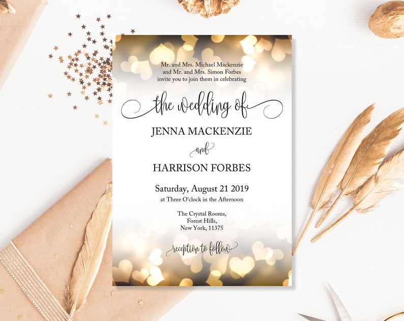 May include: Wedding invitation with a gold and white background featuring a blurred image of lights. The text reads "Mr. and Mrs. Michael Mackenzie and Mr. and Mrs. Simon Forbes invite you to join them in celebrating the wedding of Jenna Mackenzie and Harrison Forbes Saturday, August 21, 2019 at Three O'clock in the Afternoon The Crystal Rooms, Forest Hills, New York, 11375 reception to follow."