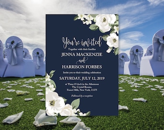 Printed Wedding Invitations, Navy Blue Wedding Invitations, Navy Blue Reception Invites, Navy Blue Floral Invites, Navy Blue Boho Invites