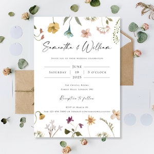 Printed Wedding Day Evening Party Reception Invitations Invites Cards Modern Floral Wreath Meadow Flowers Wildflowers Boho Flat Folded image 6