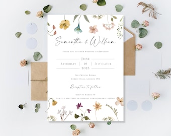 Printed Wedding Evening Party Reception Day Invitations Invites Cards Boho Modern Wreath Floral Meadow Wild Flowers Wildflowers Botanical