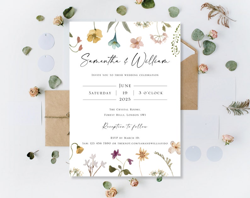 Printed Wedding Day Evening Party Reception Invitations Invites Cards Modern Floral Wreath Meadow Flowers Wildflowers Boho Flat Folded image 6