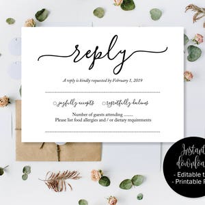 Bruiloft RSVP-kaarten, bruiloft antwoord aanwezigheid acceptatiekaarten, RSVP-sjabloon afdrukbare bewerkbare bruiloft briefkaart downloaden eenvoudige RSVP-invoeging