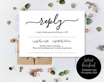 Wedding RSVP Cards, Wedding Reply Attendance Acceptance Cards, RSVP Template Printable Editable Wedding Postcard Download Simple RSVP Insert