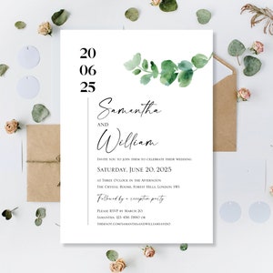 Gedruckter Eukalyptus Voller Hochzeitstag oder Abendempfang Nur Einladungen Einladungen Lädt Einfache Salbeigrüne Karten Rustikales Blumengrün Boho
