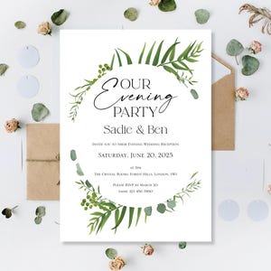 Invitaciones impresas para la fiesta de recepción de la boda o la noche Invitaciones para la fiesta de la noche Felices para siempre Invitación personalizada con caligrafía de eucalipto