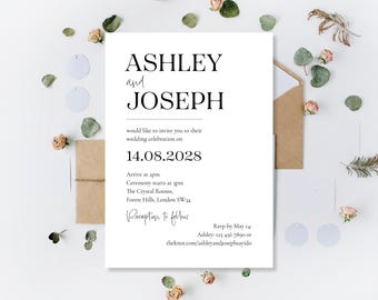 Op de afbeelding: Een trouwuitnodiging met de namen "ASHLEY en JOSEPH" in een elegant lettertype. De uitnodiging bevat de datum 14.08.2028, evenementdetails en RSVP-informatie. Het ontwerp is minimalistisch met bloemaccenten.
