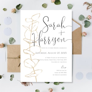 Gedruckte Gold Hochzeitseinladungen, Grüner Eukalyptus Hochzeitseinladungen, Druck Hochzeitseinladungen, Floral Gold Botanische Hochzeitseinladungen lädt ein
