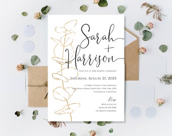 Printed Gold Wedding Invitations, Green Eucalyptus Wedding Invites, Print Wedding Invites, Floral Gold Botanical Wedding Invitations Invites