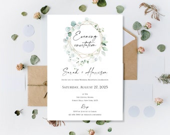 Printed Eucalyptus Reception Wedding Invitations, Evening Invitation, Reception only invite, Night wedding Invite, Gold Green Wedding Invite