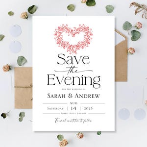 Bedrukte Save The Evening-avondkaart Dag-nacht Kaarten Save The Date-kaart Trouwavond Red Love Heart Minimalistisch Bloemen