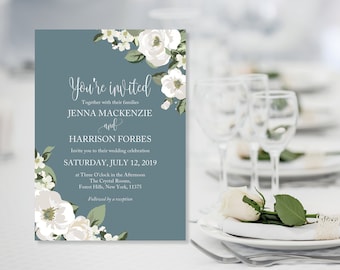 Printed Wedding Invitations, Teal and White Wedding Invitations, Teal Reception Invites, Teal Floral Invites, Teal White Boho Invitations