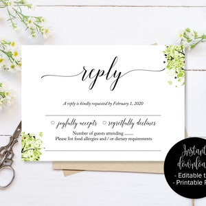 Bruiloft RSVP-kaarten, bruiloft antwoord aanwezigheid acceptatiekaarten, lente groene RSVP afdrukbare, bewerkbare bruiloft downloaden eenvoudige RSVP invoegen
