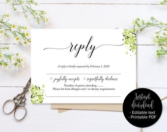 Wedding RSVP Cards, Wedding Reply Attendance Acceptance Cards, Spring Green RSVP Printable, Editable Wedding Download Simple RSVP Insert