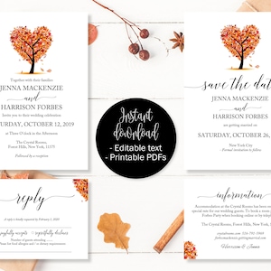 HerbstLiebe Baum Hochzeit Einladung Vorlage Set, Save the Date Druckbare Einladung RSVP Antwortkarte Gästeinformationen, Editierbare Druckbares