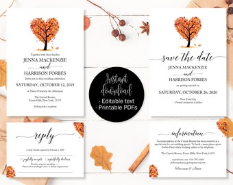 Autumn Fall Love Tree Wedding Invitation Template Set, Save the Date Printable Invite RSVP Reply Card Guest Information, Editable Printables