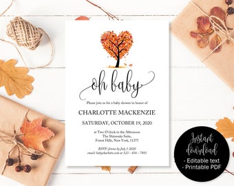 Autumn Fall Oh Baby Shower Invitations, Shower Invites, Boy Girl Baby Shower Invite Fall Baby Shower, Love Tree Baby Shower Instant Download