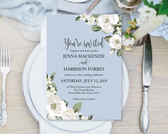 Printed Wedding Invitations, Sky Blue Wedding Invitations, Floral Wedding Invitations, Light Blue Reception Invites, Blue Floral Boho Invite