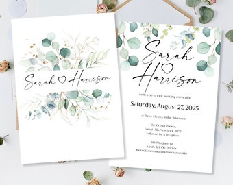 Printed Sage Green Wedding Invitation, Eucalyptus Twine Gold Wedding Invite, Print My Invitations, Botanical Rustic Invites Wedding Invite
