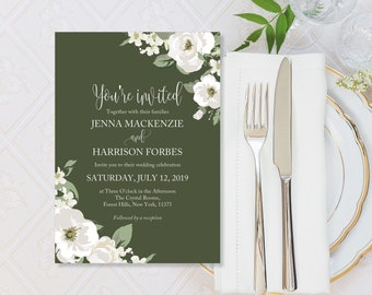 Printed Wedding Invitations, Green White Boho Invitations, Green and White Wedding Invitations, Green Reception Invites Green Floral Invites