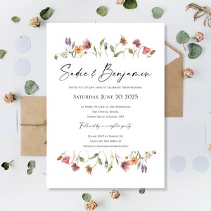 Gedruckte Hochzeitskarten Lädt Einladungen Tag Abend Party Empfang Wilde Wildblumen Blumenwiese Botanisch Floral Modern Minimalist
