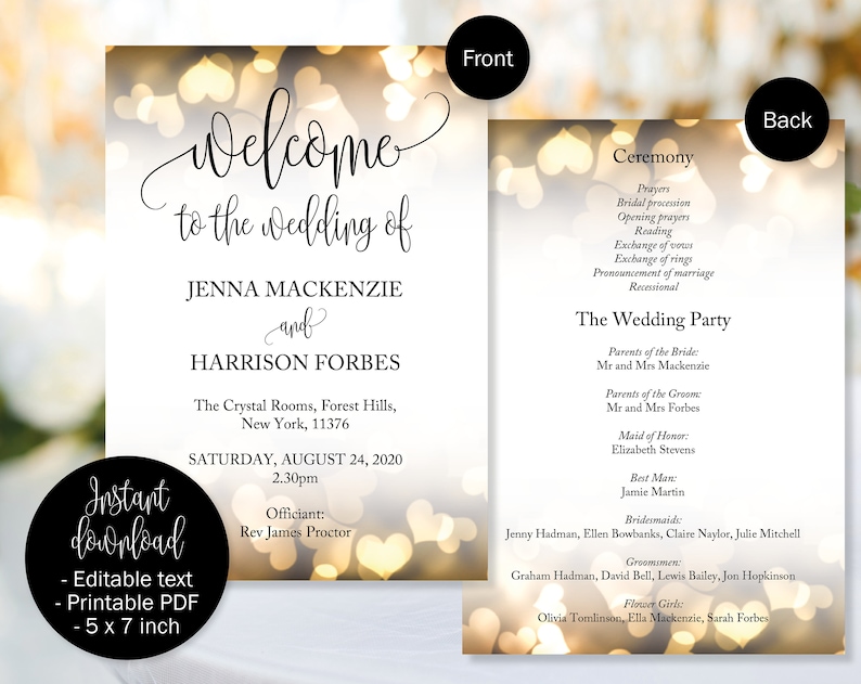 Gold Wedding Day Program Template, Church or Civil Service Wedding Program Template Printable, Wedding Ceremony Order of Service Program image 5