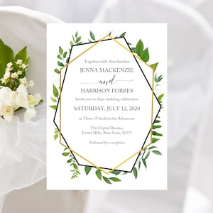 May include: Wedding invitation with a gold geometric frame and green foliage. The text reads "Together with their families Jenna Mackenzie and Harrison Forbes Invite you to their wedding celebration Saturday, July 12, 2020 at Three O'clock in the Afternoon The Crystal Rooms, Forest Hills, New York, 11375 Followed by a reception"