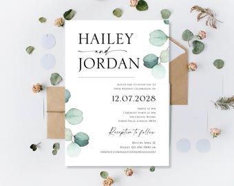 Printed Invitations For Wedding Daytime Day Evening Reception Party Day Ceremony Modern Invites Eucalyptus